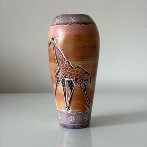 Vintage Masaku Soapstone Etched Vase Giraffe On Serengeti